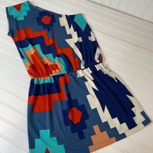 Tibi Women’s Blue & Multi Print One Shoulder A-Line Mini Dress Size S